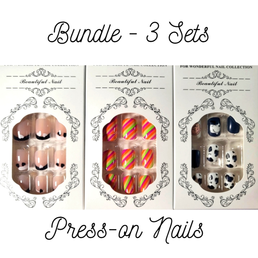 Bundle of (3) Short-Length, Square -Shaped Press-On Nail Sets